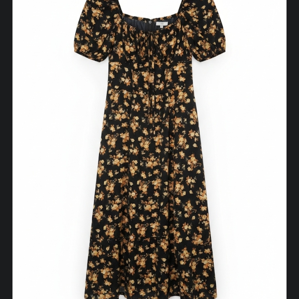 Floral Black and Gold Midi Dress